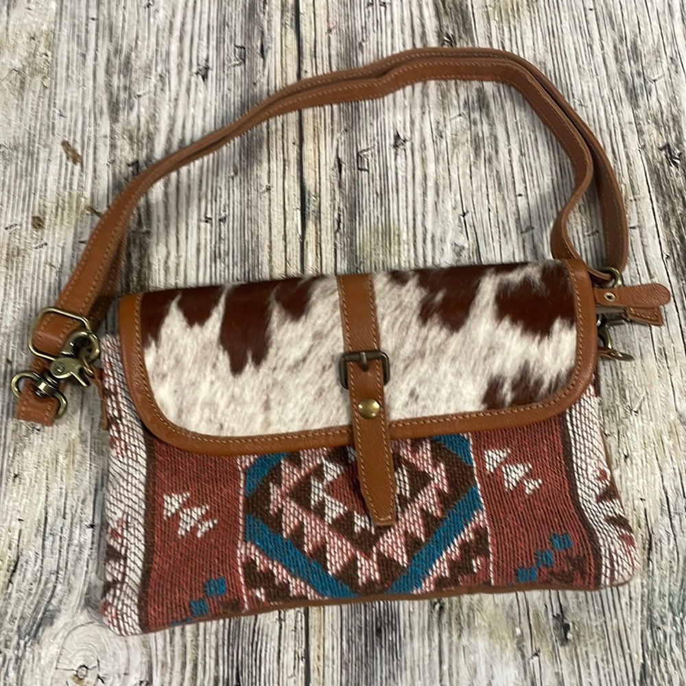 New Myra Western Aztec Tapestry cow fur Crossbody Shoulder Bag Leather Canvas